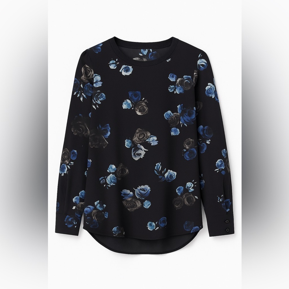 Thakoon Black Blue Floral Print Long Sleeve Top Tunic EUC M #2097
